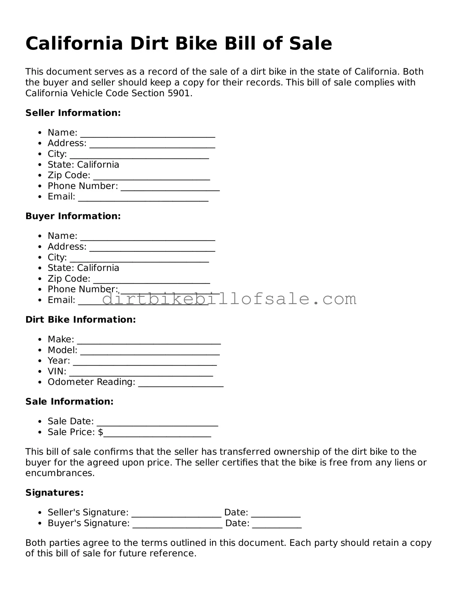 Attorney-Approved  Dirt Bike Bill of Sale Form for California