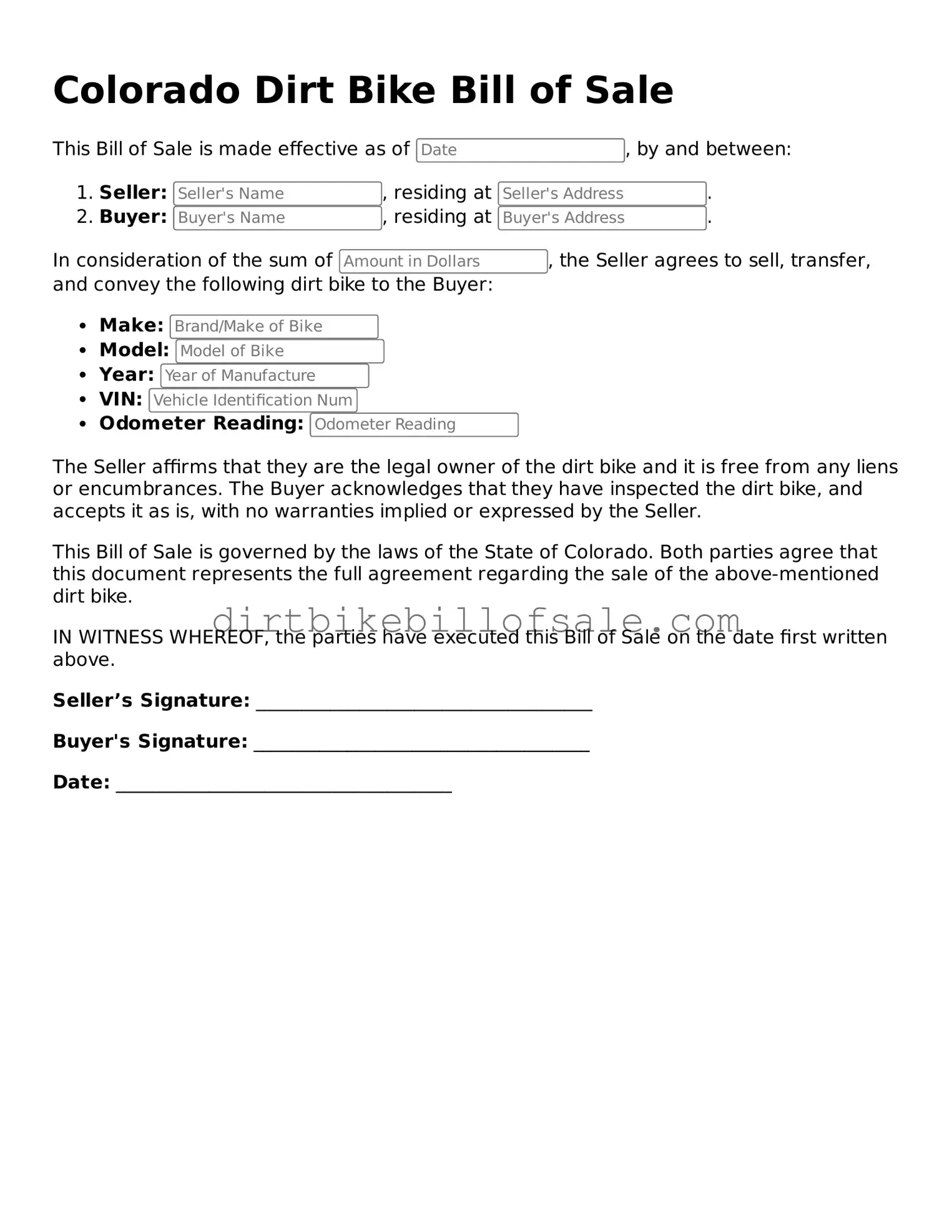 Attorney-Approved  Dirt Bike Bill of Sale Form for Colorado