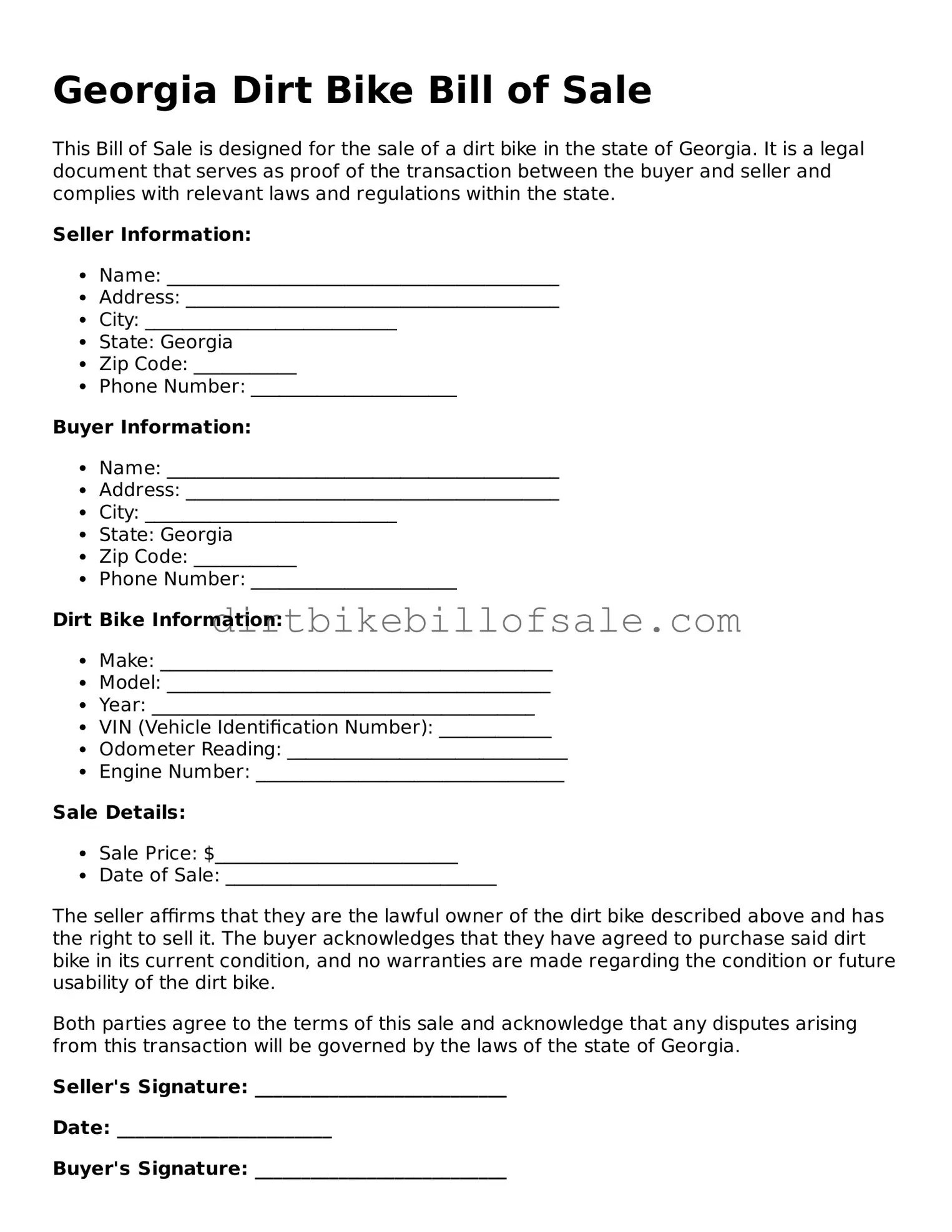 Attorney-Approved  Dirt Bike Bill of Sale Form for Georgia