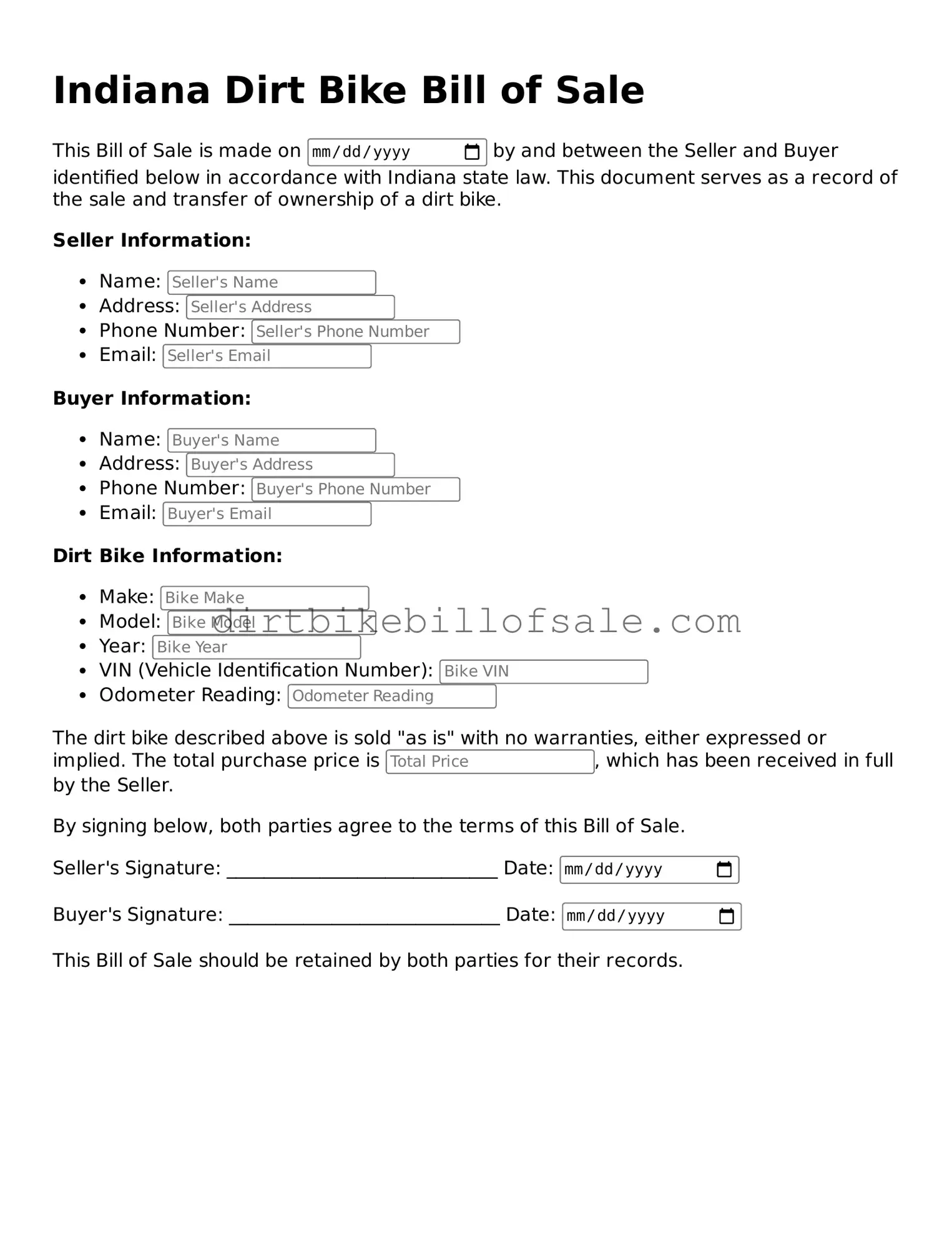 Attorney-Approved Dirt Bike Bill of Sale Form for Indiana