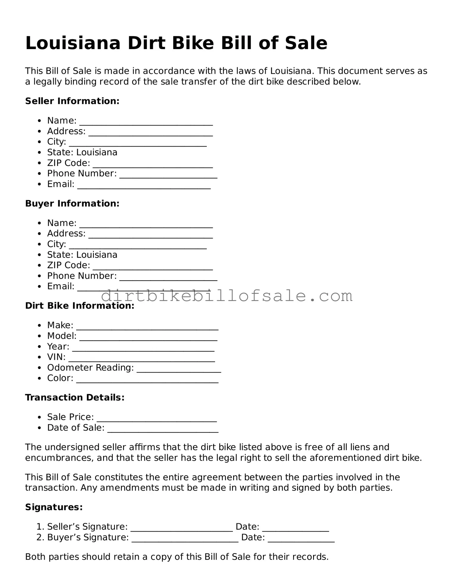 Attorney-Approved  Dirt Bike Bill of Sale Form for Louisiana