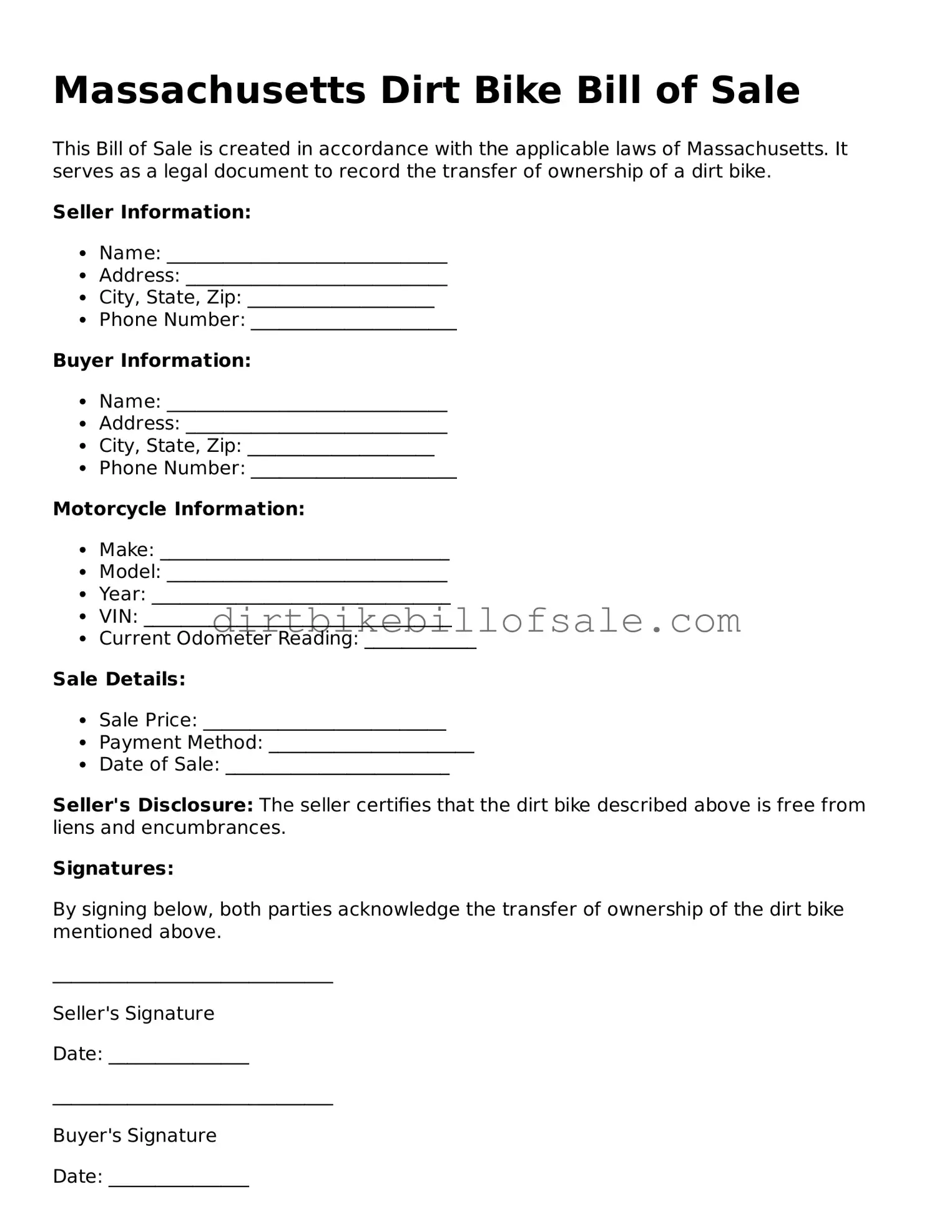 Attorney-Approved  Dirt Bike Bill of Sale Form for Massachusetts