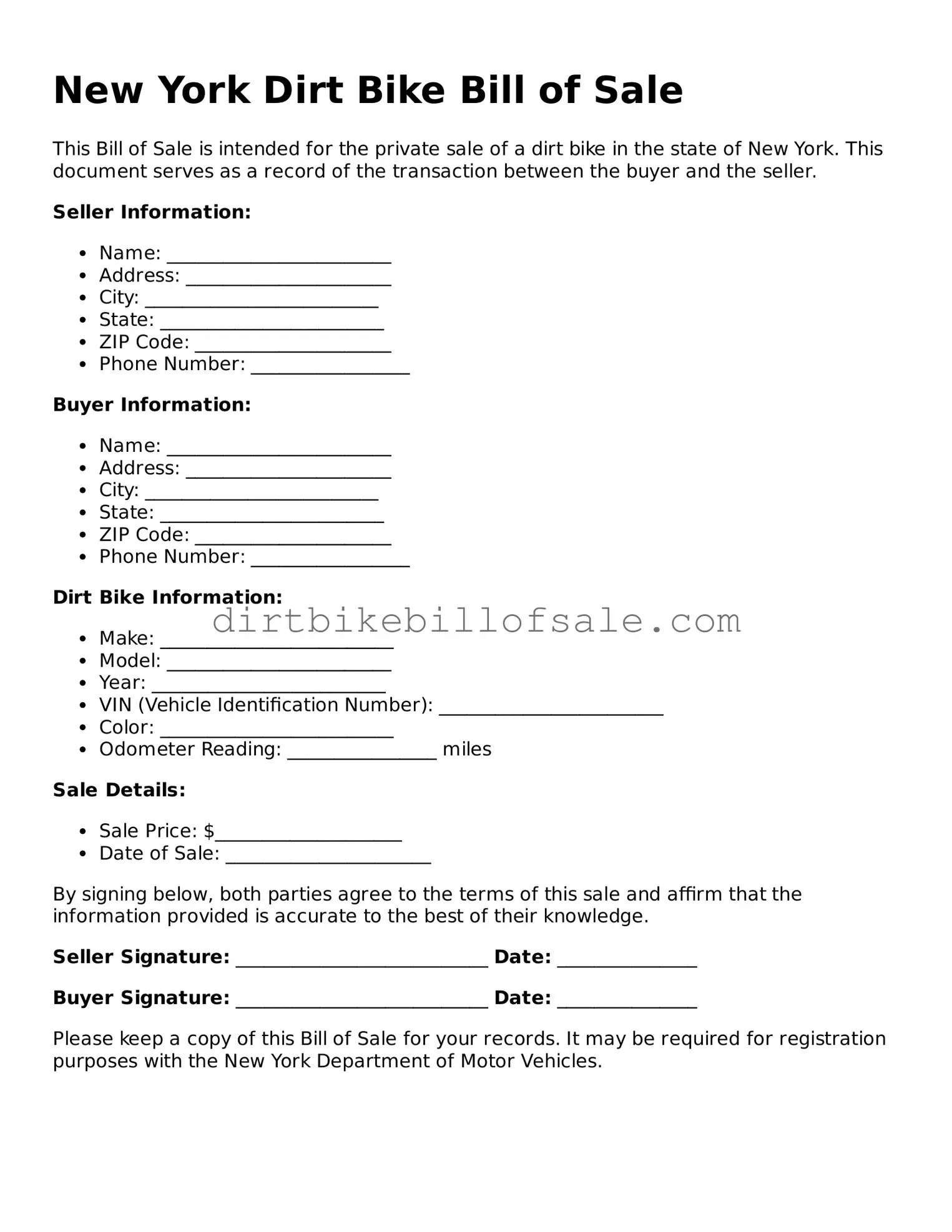 Attorney-Approved  Dirt Bike Bill of Sale Form for New York