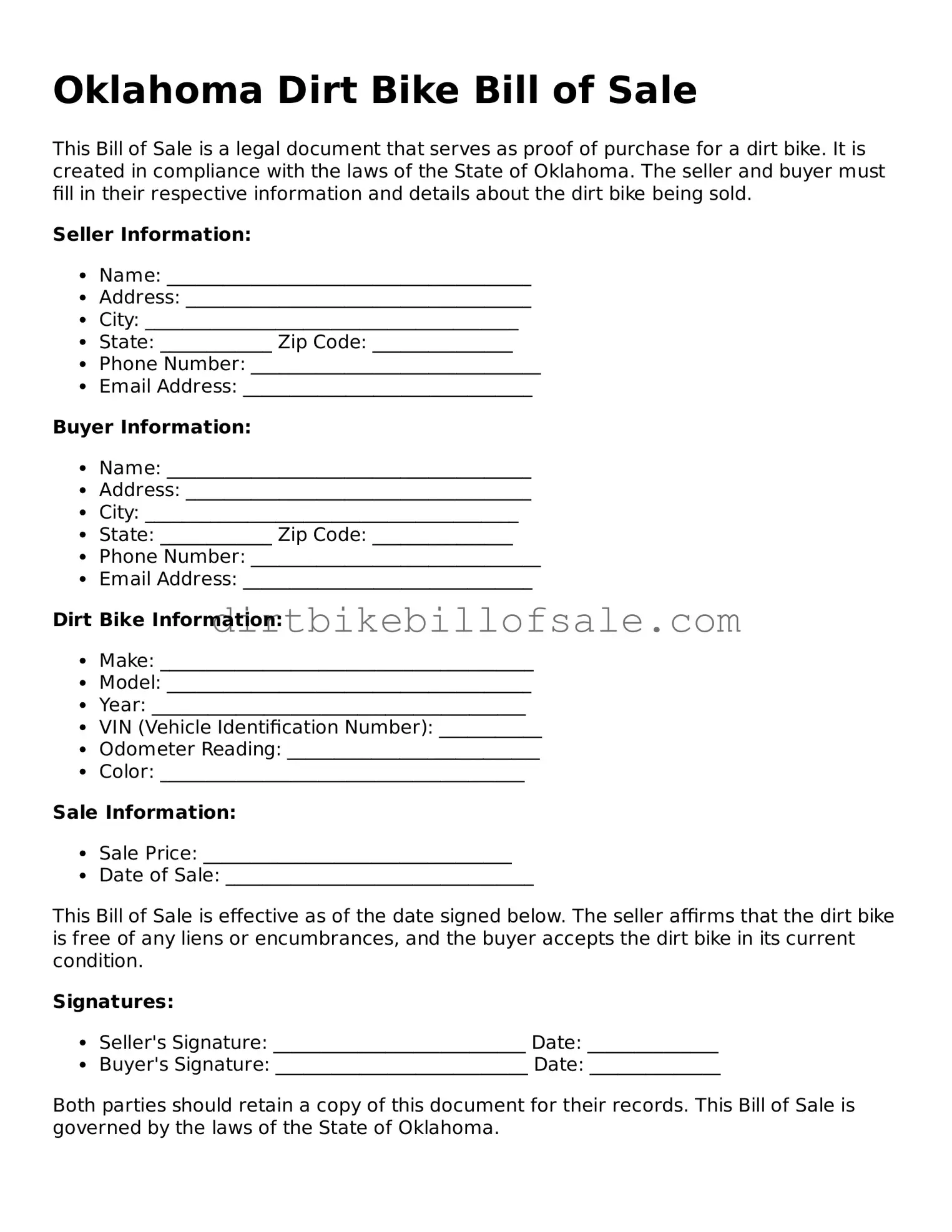 Attorney-Approved  Dirt Bike Bill of Sale Form for Oklahoma