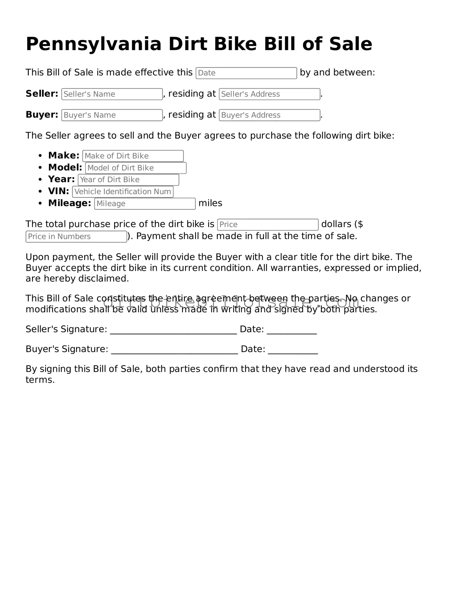 Attorney-Approved  Dirt Bike Bill of Sale Form for Pennsylvania