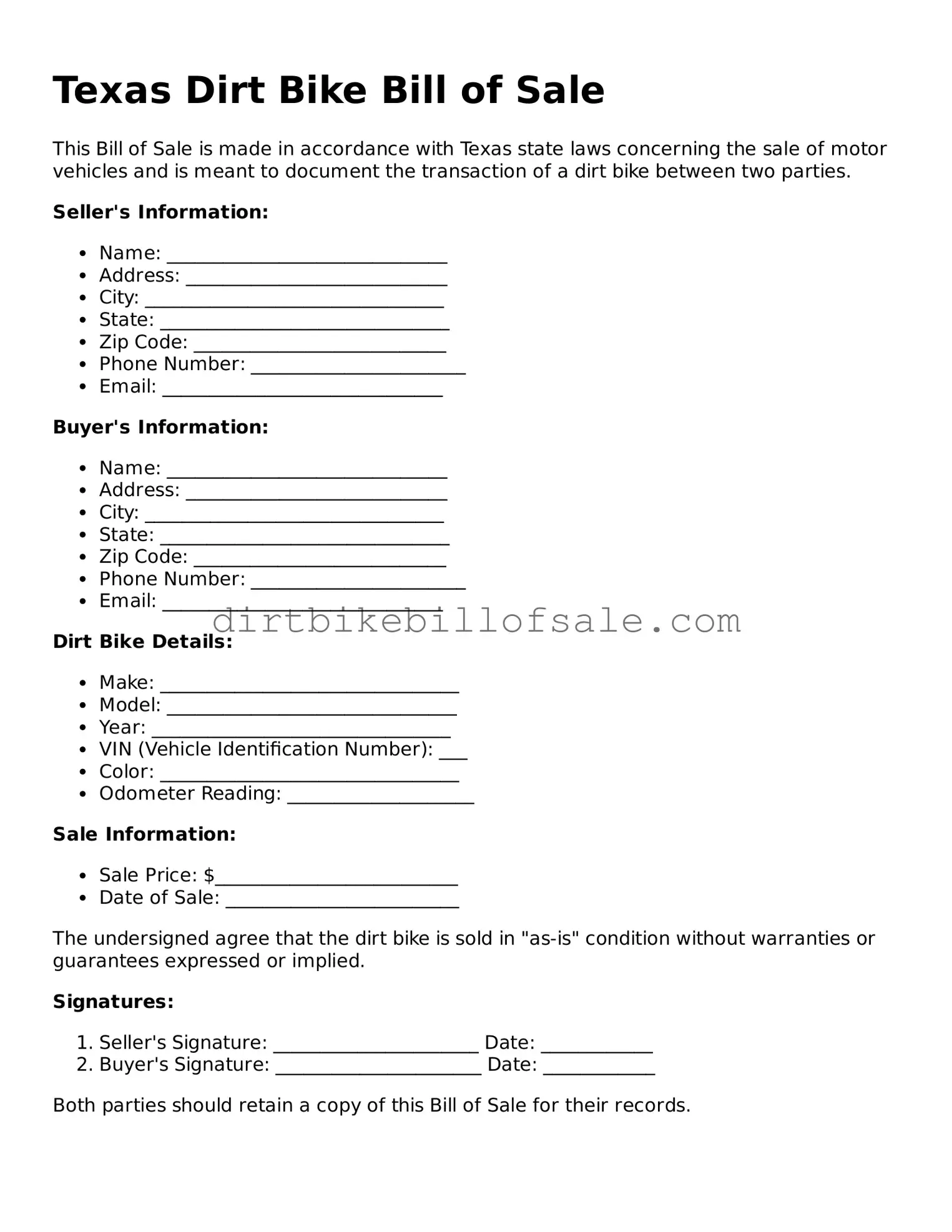 Attorney-Approved  Dirt Bike Bill of Sale Form for Texas
